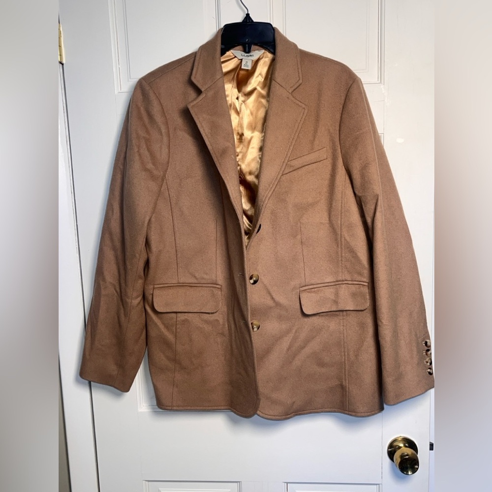 L.L. Bean Women's Wool Cashmere Blazer Camel Tan Gold Satin Lined Classic 18
